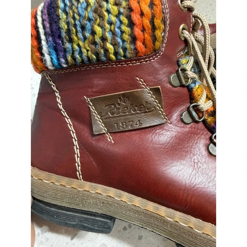 Rieker Ankle Boots Burgundy Leather Knit Collar Shearling Boho Western  Sz 40/9